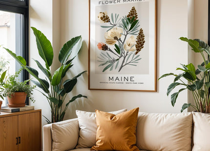 GroovyGrove Maine Flower Market Poster Wall Art Prints, Abstract US States Flower Wall Art, Neutral Botanical Wall Art Decor for Bedroom, Living Room (Unframed)
