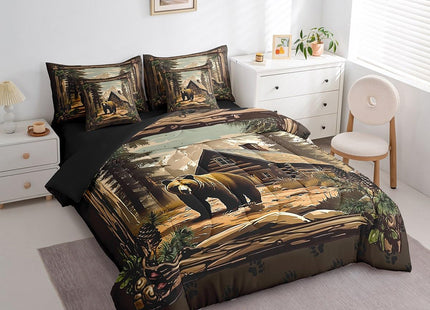 Erosebridal Retro Bear Queen Comforter Set with Sheets 7 Piece Lodge Cabin Country Bedding Sets Rustic Farmhouse Hunting Animal Bed in A Bag for Kids Adults Men,Woodland Wildlife Bed Set