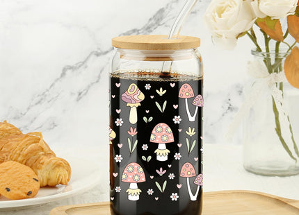 Mushroom Glass Cup with Bamboo Lids Straws, 16oz Retro Hippie Tumbler