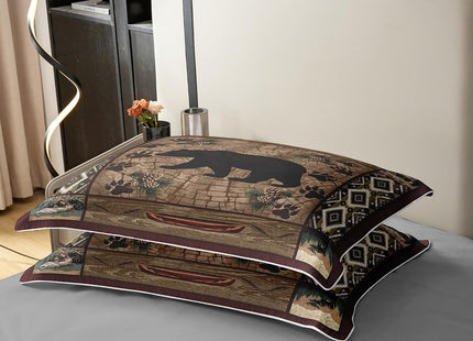 100% Natural Cotton Lodge Cabin Duvet Cover Queen,Wild Bear Animal Silhouette Bedding Set (Not Comforter) for Country Room Decor,Bohemian Pattern Wooden Print Bedspread Cover with Zipper Closure