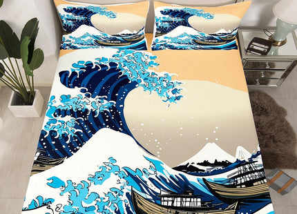 Erosebridal Japanese Style Fitted Sheet Twin for Boys Girls Ocean Wave Print Bedding Set Kids Women Ukiyo-e Theme Fitted Sheet Deep Pockets Soft Skin-Friendly Breathable Bed Sheet with 1 Pillowcase