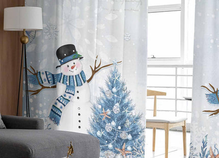 Hokiten Coastal Christmas Snowman Sheer Curtains 84 Inch Length 2 Panels Set, Blue Beach Xmas Tree Semi Sheer Curtain for Living Room, Xmas Starfish Voile Window Curtains Sheer Drapes for Bedroom