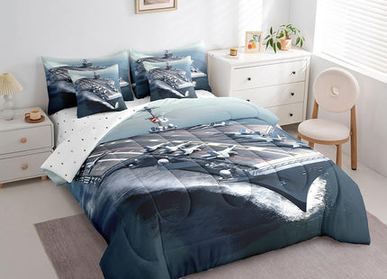 Erosebridal Aircraft Carrier 7 Piece Comforter Set Twin Military Style Bedding Sets for Kids Adults Battleship Fighter Flight Bed in A Bag Ocean Nautical Sheet Set with Comforter