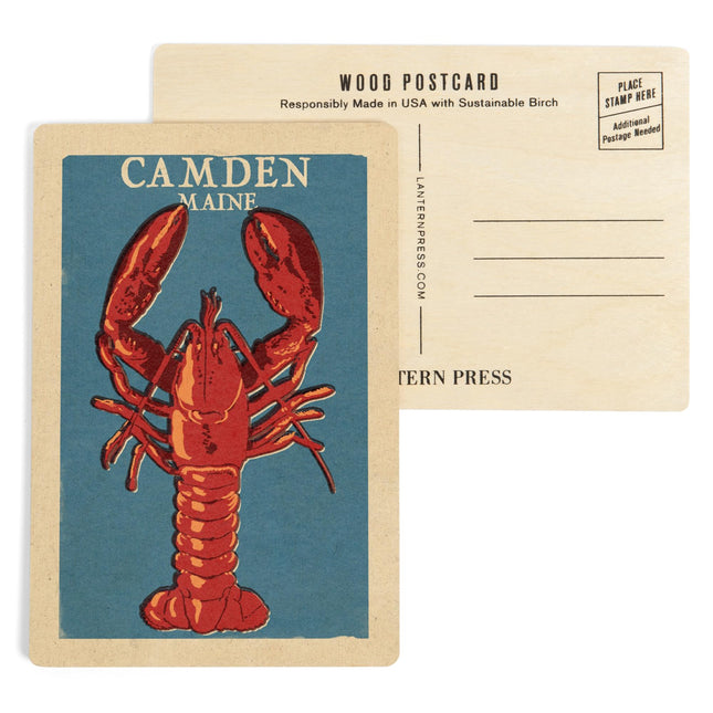 Camden, Maine, Lobster, Woodblock (4x6 Birch Wood Postcards, 2-Pack Stationary, Rustic Home Wall Decor)