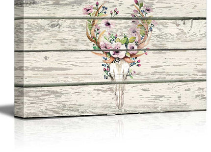 wall26 - Flowering Deer Skull - Western Floral Artwork - Rustic Canvas Wall Art Home Art - 32x48 inches