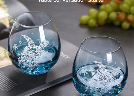 Physkoa Sea Turtle Gifts for Women-13.5oz Sea Turtle Wine Glasses set of 2 - Crackle teal design turtle wine glasses-Hand blown Stemless Wine Glass -Sea lovers Gifts for Birthday，Mothers Day