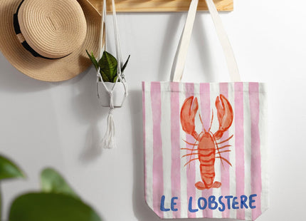 LZYRF Red Lobster Coastal Beach Tote Bag, Lobster Gifts Canvas Tote Bags for Women, Gifts for a Beach Lover, Pink Striped Crawfish Beachy Reusable Grocery Shopping Bag