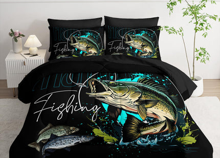Nttopship Big Pike Fish Bedding Queen Size，Hunting and Fishing Bedding Set 7 Piece in A Bag, Fishing Brown Green Comforter Set Brown Green Bedding Set Themed Comforter Set for Kids Boys Room Decor