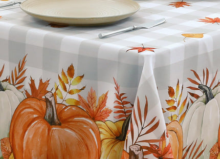 Softalker Fall Tablecloth Rectangle, Grey Buffalo Plaid with Pumpkins