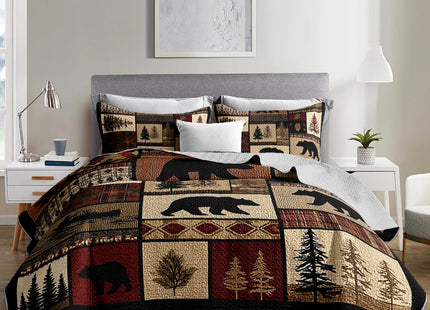 XYNHML Rustic Black Bear Quilt Bedding Queen 3Pcs Natural Forest Wild Hunt Animal Bear Canoe Bed Set Retro Tree Grid Pattern Bedspread Coverlet with 2 Pillowcases for Kid Boy Girl Teen Adult Bed Decor