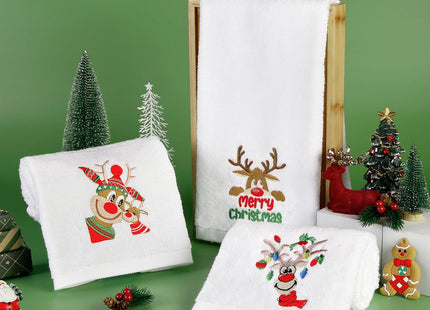 Quera 3 Pack Christmas Hand Towels, Winter Cartoon Reindeer Christmas Embroidery Rustic Cabin Decor Bathroom Decorative Holiday Towels Gift Set 13.7'' x 29.5''
