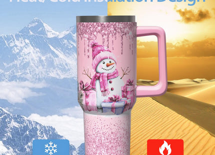 ZNYYZYBA 40 oz Christmas Tumbler with Handle and Straw, Stainless Steel Insulated Snowman Tumbler 40 oz, Reusable Pink Snowman Cup with Leak Proof Lid, Christmas Gifts for Women