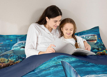 jejeloiu Ocean Sea Animal Duvet Quilt Queen Size Shark Comforter for Kids Boys Girls Decor Marine Theme Bedding Set Breathable Soft Lightweight Microfiber Bedroom Decor Quilt Set
