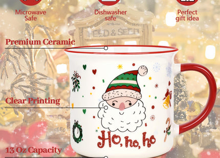 YHRJWN Christmas Mugs Set of 4, Festive Design Coffee Mugs with Santa Snowman Reindeer, Holiday Mugs for Hot Cocoa, Gifts for Family Friends, Holiday Decor, 13 Oz