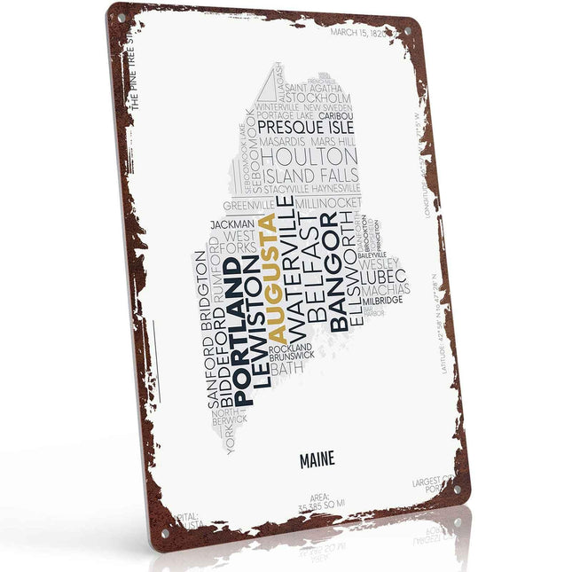 Modern Retro Metal Sign - Maine Usa Map Signs 8 X 12 Inches, Waterproof Tin Wall Decor for Bedroom, Living Room, Kitchen, Garage, Home