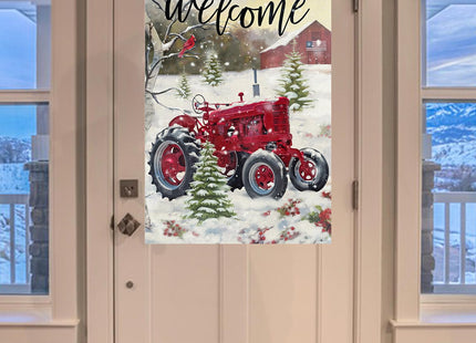 Furiaz Welcome Winter Red Tractor Large House Flag, Pine Tree Cardinal Red
