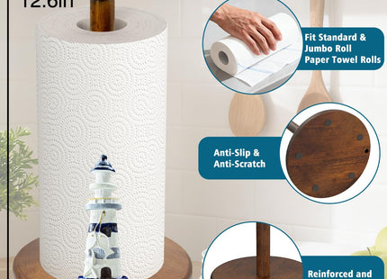 Lighthouse Paper Towel Holder, Nautical Coastal Beach Ocean Decor for Kitchen Bathroom Countertop, Freestanding Wooden Stand, Standard & Jumbo Rolls, Lighthouse Gift for Women