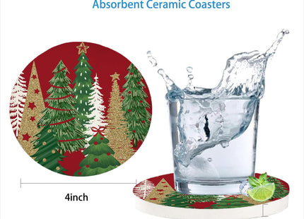 Nicegod Christmas Tree Drink Coasters Set of 6, Round Absorbent Ceramic Coaster, with Metal Holder and Cork Base, Pine Tree Xmas Red Coasters for Coffee Table Housewarming New Year's Gifts