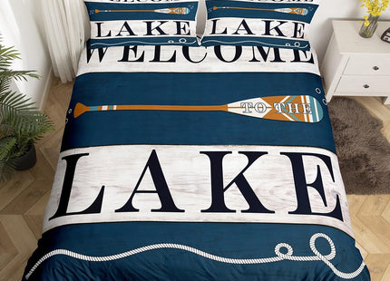 Lake House Theme Bedding Set,Go Boating Duvet Cover for Kids Teens Boys Girls,Lake Paddles Comforter Cover Decorative Room,Retro Navy and Gray Quilt Cover with 2 Pillowcases,King Size(No Comforter)