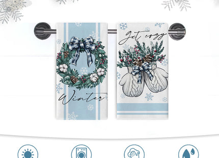 Seliem Hello Winter Wreath Mitten Blue Kitchen Dish Towels Set of 2, Get Cozy Pine Needle Pinecone Hand Towels Drying Baking Cooking Cloth, Snowflake Christmas Red Berry Home Kitchen Decor 18 x 26 in