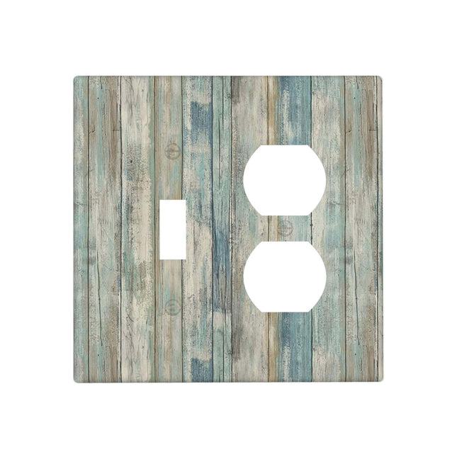 Vintage Blue/Grey Wood Wooden Grain 2-Gang 1-Toggle 1-Duplex Device Combination Wallplate Single Toggle Switch One Receptacle Outlet Combo Light Switch Cover Kitchen Rustic Farm Cabin Barn Theme Decor