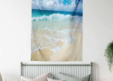 Lunarable Wave Tapestry Twin Size, Beach Foamy Waves on Empty Sea Shore Holiday Theme Serene Coastal, Wall Hanging Bedspread Bed Cover Wall Decor, Twin Size, Sand Blue, 68" Width x 88" Length