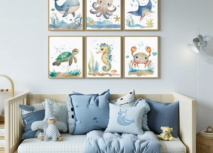 Wodkwq 6 Pcs Ocean Theme Wall Art for Kids Room,Coastal Nursery Decor,Blue Starfish Shell Pictures Boho Sailboat Canvas Painting Modern Beach Prints Wall Decor for Bedroom Bathroom 8x10in Unframed