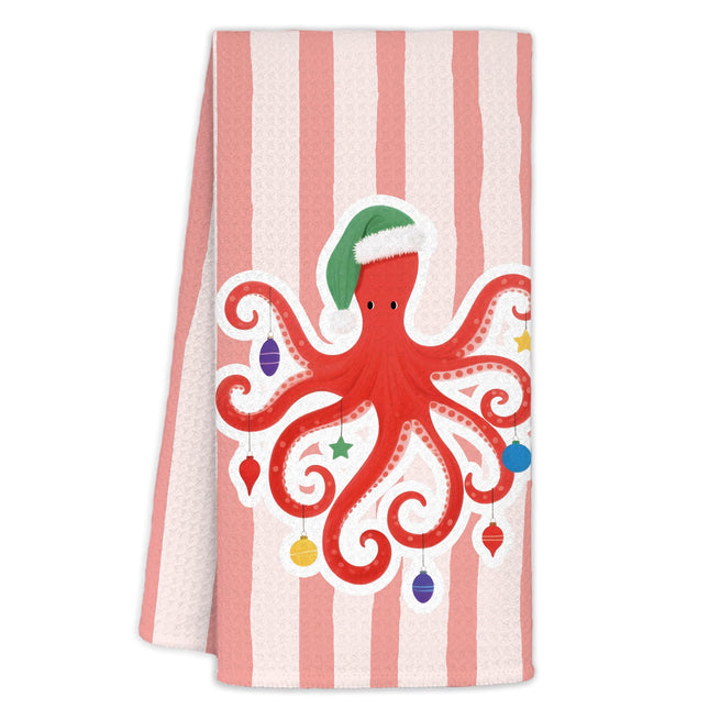 Yhtrg Coastal Octopus Christmas Kitchen Towels 16x24 Inch, Gifts for Octopus Lovers, Pink Stripes Christmas Beach Hand Towels for Bathroom Decorative, Nautical Xmas Dish Tea Towel for Kitchen Decor