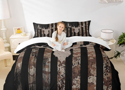 Deer Antlers Kids Camo Duvet Cover Set Twin Size,American Flag Stripe Retro Bedding Set,Boys Adults Xmas/Cabin/Camper Decor,Animal Hunt Rustic Comforter Cover,Brown Farmhouse Quilt Cover,1 Pillowcase