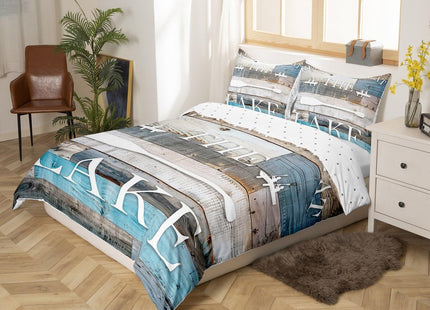 Lake House Bedding Set Rustic Farmhouse Duvet Cover Full Size Blue Grey Retro Wooden Comforter Cover 3pcs for Kids Adults Men Teens Bedroom Decor,Lake Life White Cabin Quilt Cover, (No Comforter)