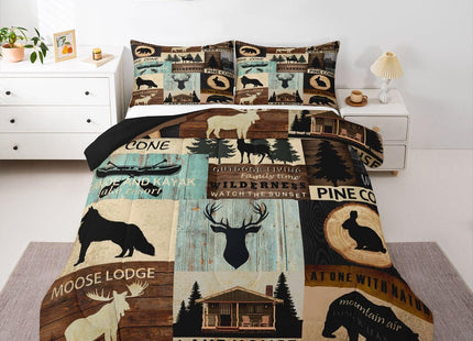 Hunting Woodland Animal Comforter Set Twin Rustic Fox Bear Deer Moose Bedding Set,Lake House Fishing Comforter For Farmhouse Cabin Lodge,Countryside Wildlife Quilt Duvet Brown Teal 1 Pillow Case