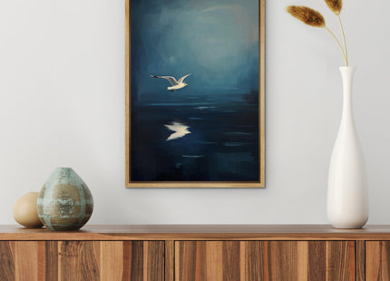 wall26 Framed Canvas Print Wall Art Seagull Over Water Blue Ocean Reflection Coastal Style Bird Illustrations Modern Art Decorative Zen Rustic Calm for Living Room, Bedroom, Office - 24"x36" Natural