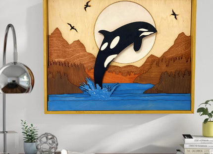 ImprovingLife Wall Art Décor Whale jumping from the water Ladscape Wood Sculpture 3D effect