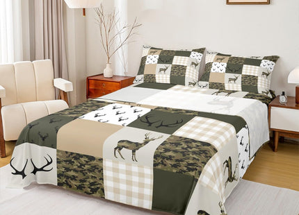 Camouflage Sheet Set Twin Size Woodland Camo Bed Sheet Set 3pcs with Deep Pocket Fitted Sheet + Flat Sheet + 1 Pillowcase Green and Beige Plaid Deer Print Bedding Set for Kids Boys Teens Room Decor