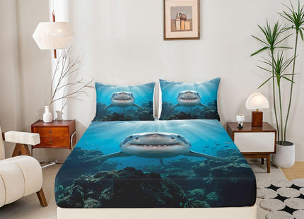 Feelyou Kids Shark Fitted Sheet Ocean Creature Bed Sheet Set Deep Pocket Sea Animal Bedding Baby/Boys Full Size Includes 1 Sheets & 2 Pillowcases (No Flat Sheet)