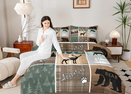 Retro Cabin Comforter Set 3Pcs, Pine Tree Buffalo Plaid Quilt Bear Deer Elk Bedding, Forest Wildlife Woodland Animals Duvet Insert Hunting Lodge Country Rustic Farmhouse Bedroom Decor, Full Size