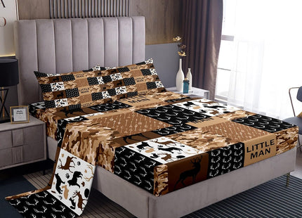 Brown Camo Animals Hunting Kids Sheet Full Size,Deer Antlers Silhouette Bedding,Boys Girls Adults Xmas Decor,Boho Arrows Splicing Rustic Cabin Bed Sheet Set 4pcs(Fitted + Flat + 2 Pillowcases)