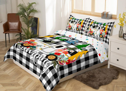 Erosebridal Camper Bedding Set Old Barn Door Duvet Cover Flowers Cabin Plaid Comforter Cover Rustic Farmhouse Style Bed Set Geometric Lattice Camping Decor,Black and White Twin Size