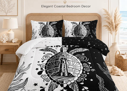 AILONEN Sea Turtle Comforter Set Twin Size,White and Black Ocean Themed Bedding Set,Coast Lighthouse Turtle Soft Comforter with 2 Pillowcases,3-Piece for Boys Girls Adults