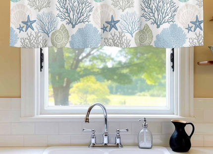 Ocean Theme Coral Shell Starfish Window Valance for Kitchen,Teal Blue Marine Sealife Rod Pocket Curtain Valances Short Curtains Drapes Panel,Coastal Window Treatment Topper for Living Room 42x12in