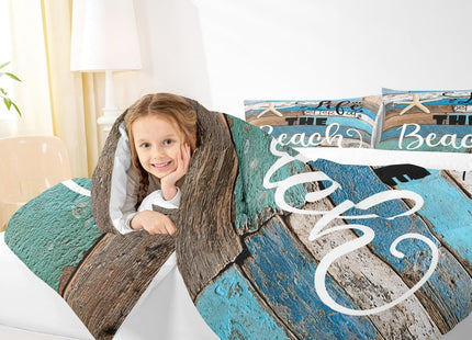Castle Fairy Beach Life Comforter Set Queen Size,Blue Farmhouse Wooden Bedding Set for Kids Boys Girls Adults Room Decor,Hawaiian Ocean Quilt Set Starfish Sea Life Duvet Insert,2 Pillowcases