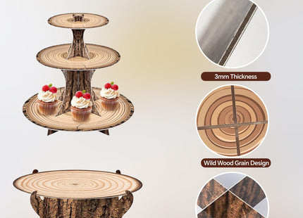 MTRSOCHO 4-Pack Woodland Cupcake Stand Woodland Baby Shower Decorations 3 Tier Wood Cupcake Stand for Camping, Birthday, Safari Party Supplies