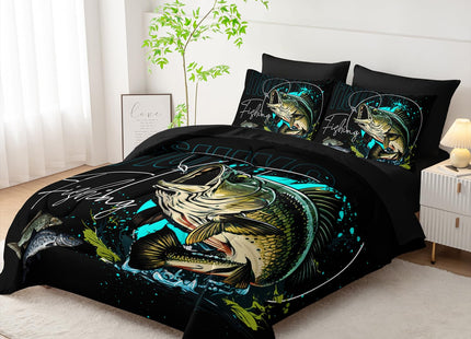 Nttopship Big Pike Fish Bedding Queen Size，Hunting and Fishing Bedding Set 7 Piece in A Bag, Fishing Brown Green Comforter Set Brown Green Bedding Set Themed Comforter Set for Kids Boys Room Decor