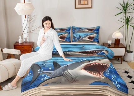 Erosebridal Kids Shark Comforter Set Full,3D Printed Shark Bedding Set Teens Funny Fish Quilt Set Blue Ocean Sealife Down Comforter,Wooden Stripes Bedroom Decor Children's Day Gifts for Boys