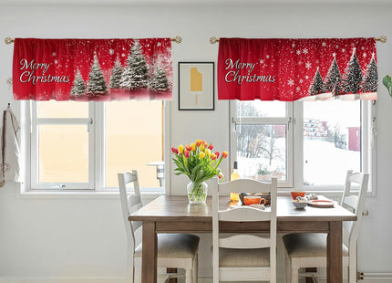 Christmas Curtain Valance for Windows 2 Pack, Red Snowflake Pine Tree Holiday Rod Pocket Window Treatments Short Curtains for Kitchen Windows Bathroom Bedroom 54x18 Inch