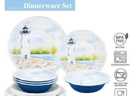 UPware 12 Piece Coastal Lighthouse Melamine Dinnerware Sets, Outdoor Dishes Set, Plates and Bowls Sets, Service for 4, Blue