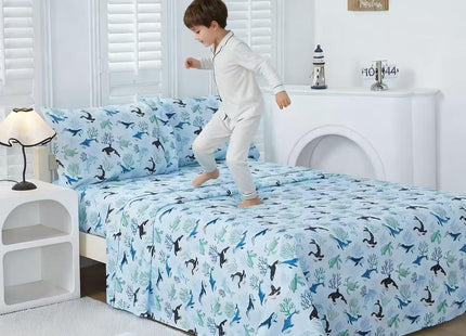Viviland 3 Pieces Boys Blue Ocean Twin Sheet Set - Soft Microfiber Fitted Flat Sheets & Pillowcase - Blue Ocean Whales, Sea Turtles, Marine Organisms Bedding Sets - for Kids & Toddlers