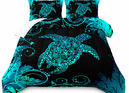 AILONEN Polynesian Sea Turtle Comforter Set Full Size, Dreamy Aqua Blue Bedding Fluorescence Texture Plant Abstract Turtle Star Conch Quilt Set All Season 3Pcs (1 Comforter + 2 Pillowcases)