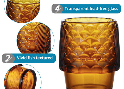 MDLUU Fish Design Tumbler Glasses, Stackable Drinking Glasses, Colored Glass Beverage Cups, Nautical Glassware for Gift, Set of 4 (Amber)