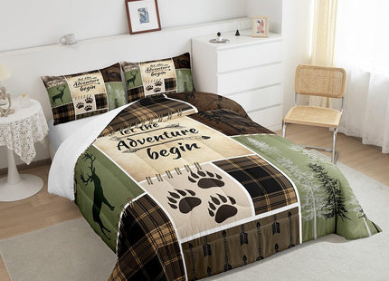 Rustic Patchwork King Size Quilt Bedding Set,Brown Plaid Check Adventure Comforter Set for Men Women Adults,Lodge Country Deer Bear Duvet Insert Retro Nordic Boho Arrow Down Comforter,3 Pieces